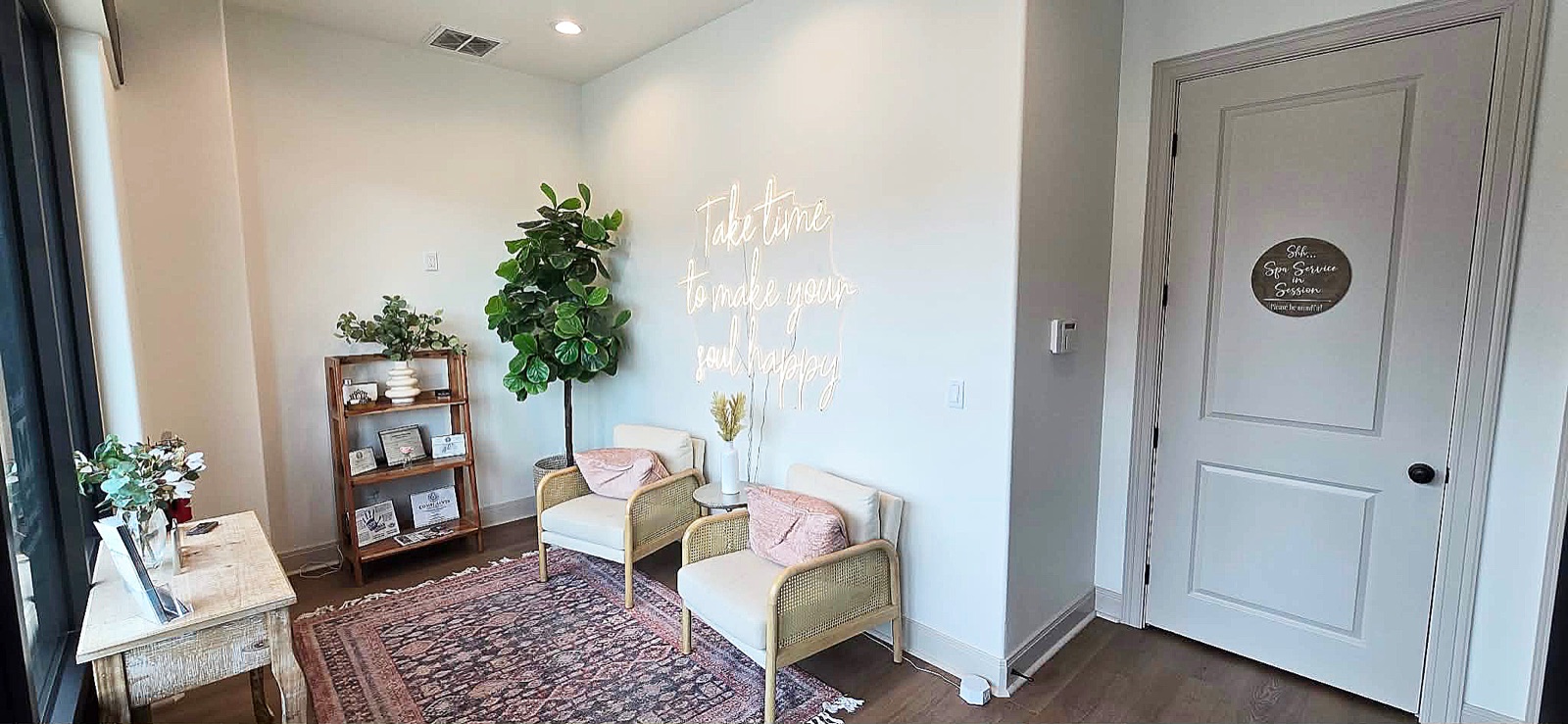 Welcoming reception area at Hello Beautiful Advanced Skincare & Laser Studio in Columbus, TX